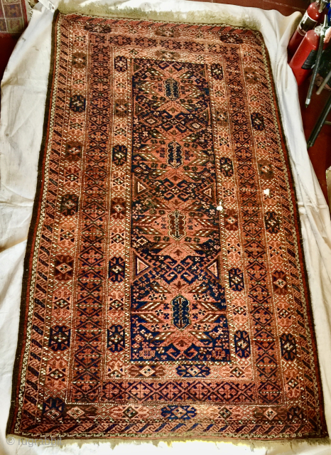 Circa 1915 Antique 3' 10" x 7' 0" Salar Khani Baluch, remaining in full pile condition and retaining
original side and end finishes. Has a few holes. Price includes shipping throughout continental U.S.
$275  ...
