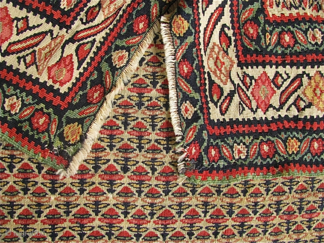 Antique 4' 5" x 6' 7" Senneh Kilim with one small hole.  Free Ship/U.S.  3 Day returns.  Sorry, no direct overseas shipping.        