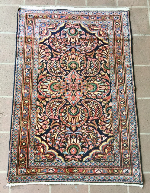 3' 7" x 5' 2" Jewel Toned Lilihan in excellent condition.  One slightly frayed 
corner and spots of dark carpet glue residue on one area of the backside.    