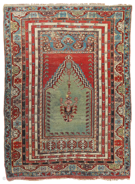 Antique Mudjur Prayer rug, circa 1850 - 168 x 121 cm.
In original condition, some wear. Lovely early dyes and soft wool.

£1100 ono.           