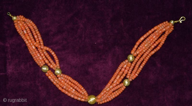 3 Antique Turkmen/ Tajik Coral Necklaces with 14 carat Turkish hand made gold beads. Sizes from 16' to 20". Beads are  from Central Asian tribal jewelry.      