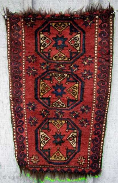 Antique Kirghiz mat. Circa 1885. Good pile, with nice wool; missing end borders. Good yellow and green! Interesting little Kirghiz of a type that is hard to find these days. size: 2'9"  ...