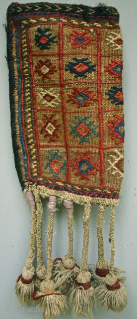 West Persian, perhaps Afshar? Spoon Bag
Last Qtr. 19th c.
All Good vegetal dyes, Excellent condition / NO Repairs
Very tight original horse hair ribbing seals the bag on the one side,
nice touch!
Natural Camel field.
Size:  ...