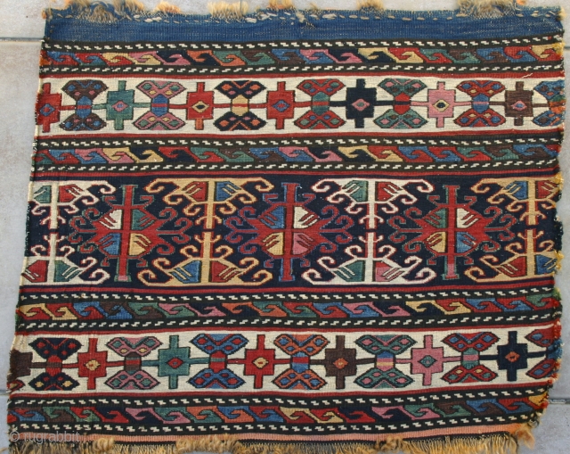 Unbelievable COLORS! Shahsavan mafrash end panel, circa 3rd Qtr. 19th c.. Exceptionally tight weave, with half of the panel having silk wefts, and the other half very fine cotton. Very precisely drawn.  ...