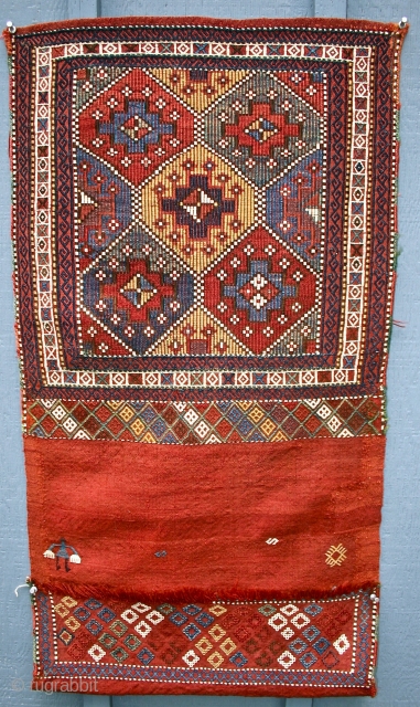 Azeri Verneh Khordjin, Circa 1875., size: 21"x37" "as displayed". This is a very good example of a well known type of Shahsavan Azeri bags. It has excellent dyes and the inclusion of  ...