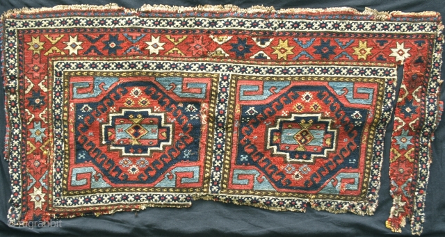 Shahsavan mafrash fragment, circa 1st half 19th c.
 Red wefted, very finely woven, mounted on beige linen, and black cotton.
Good old fragment, could use re-mounting.        