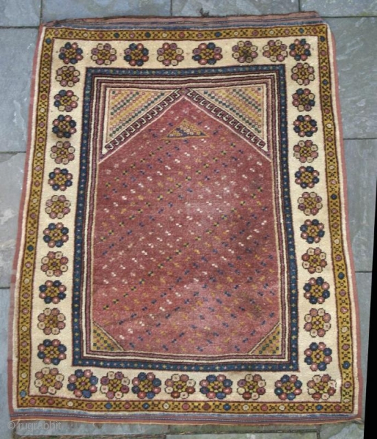 ANTIQUE MONASTIR PRAYER RUG, Turkish Balkans, circa 1850 Size: 3'6" x 4'6" Condition / Description: This is a 150 year old prayer rug woven in the Balkans by people of Turkish descent.  ...