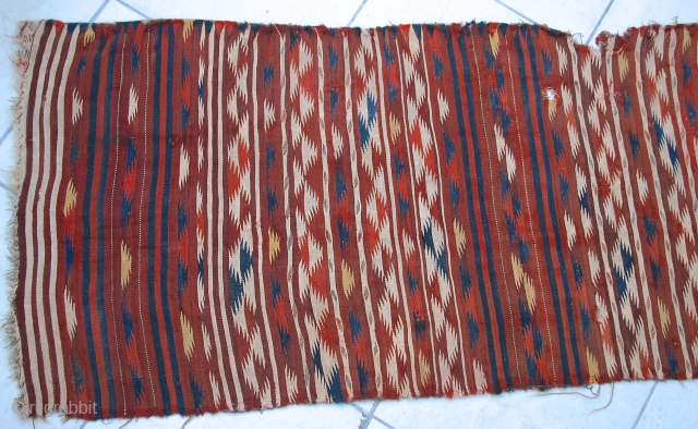 Antique Turkmen Kelim, 4th Qtr 19th c.
seem to be made by ERSARI  Turkmen groups living in Tajikistan and Afghanistan 
2 large holes and numerous small rips and tears
Size is original /  ...