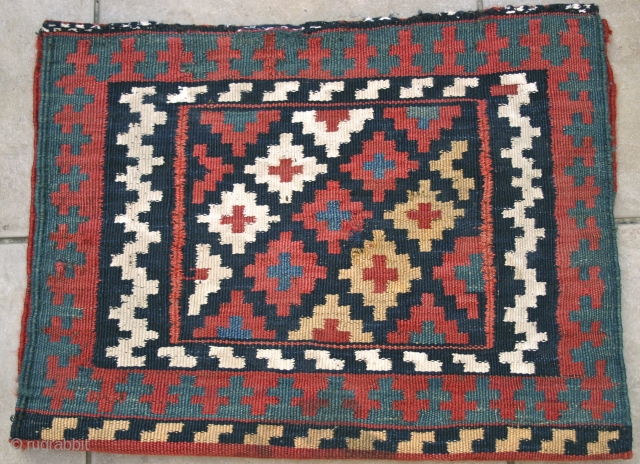 Baktiari Complete Khordjin,  19th c.
Size: face, 37 cm. x 48 cm. / complete, 72 cm x 48 cm.
Lovely small Khordjin with excellent saturated dyes,
and good weave, handle, and graphics, White cotton  ...