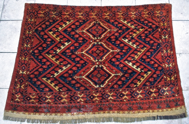 Erasari (MAD) Chuval, pre 1875. large: 1.44 x 1.08 (1.05) m. Brown goat hair wefts, mixed gray, tan & black goat hair warps. Excellent color, and lustrous sheep's wool pile. It has  ...
