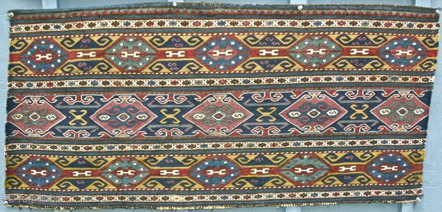 Extremely fine, Silk Wefted Shahsavan mafrash side panel, circa 3rd Qtr 19th c. Size; 1o8 cm. x 53 cm. Unusual, and beautiful color palette, Karabagh (Susha),  region most likely?  Wonderful  ...