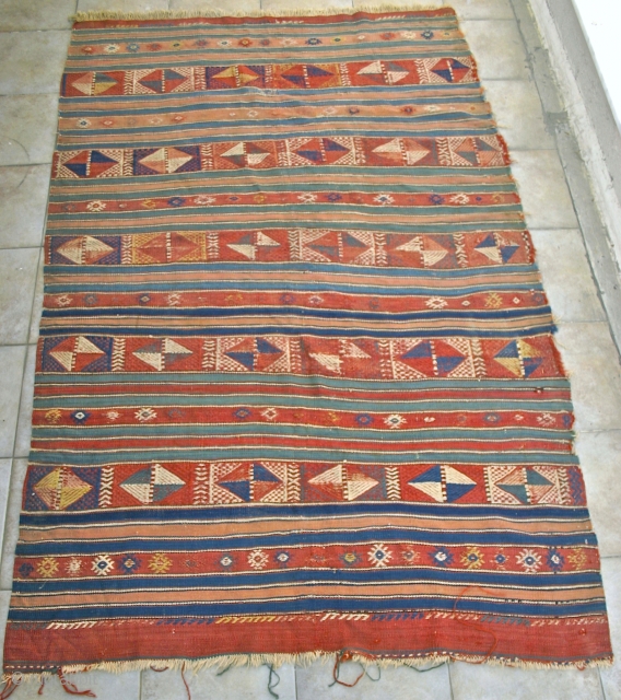 Excellent old Bergama, banded kelim, with cicim technique. Circa 1800. Bergama District. Size: 1.31 m. x 2.33m. Very good dyes, soft palette, as is typical to Bergamas of this age & district.  ...