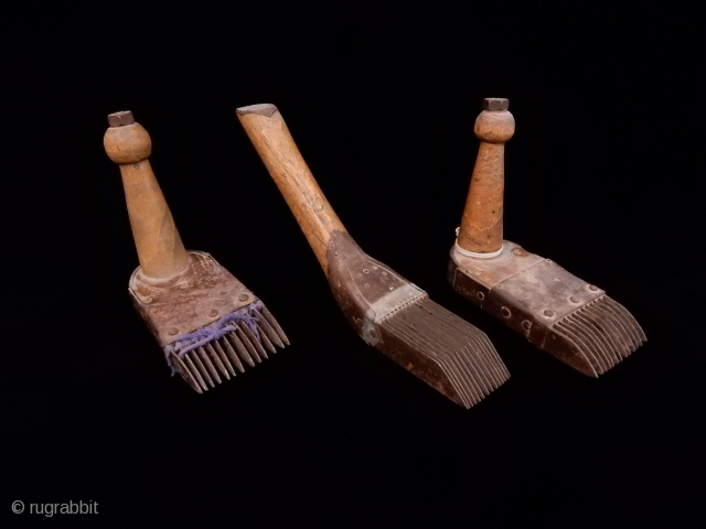 Four antique weaving combs, available individually or as a set. The "L" shaped ones are from Xinjiang province, China, and still have the dust of the Taklamakan Desert on them!  They  ...