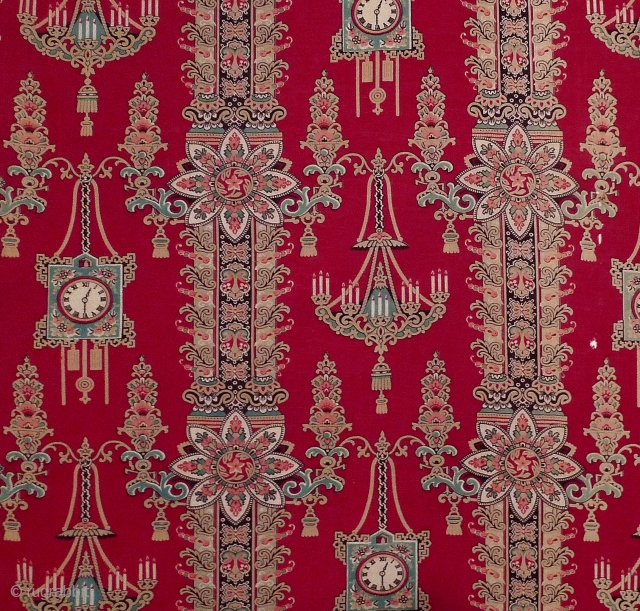 Russian Trade Cloth. Russia, early 20th century. Roller-printed length with an unusual design of clocks and chandeliers. 56" x 22.5". Right selvedge intact, but missing 1.5" from left side. This fabric had  ...
