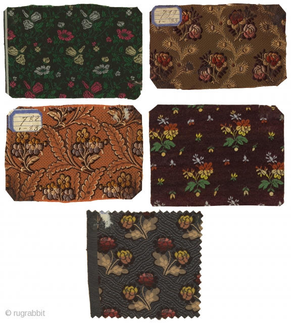 Five 19th Century Silk Jacquard Samples. France, c.1840s. These samples came from a French manufacturer's pattern book. They were woven on a jacquard machine and were the type of fabric that was  ...