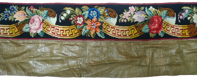 Victorian Needlepoint Border. Wool hand-stitched petit point (not quite sure if this would qualify as petit point) with olive-brown glazed chintz fabric attached. Needlepoint measures 4.75" x 80". Chintz is 4.5" x  ...