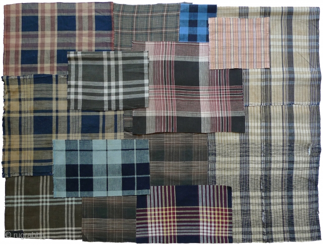 Group of 12 Japanese Cotton Plaids. Bought in Japan in the 1970s from a boroichi's warehouse - were old then. Good for patching. Assorted sizes and condition. #1 11" x 13" selvedge  ...