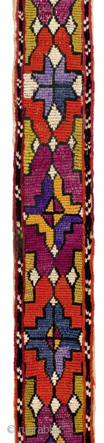Uzbek Collar Trim. Uzbekistan, first half 20th century. 8.5" x 4". Silk half-cross-stitch embroidery with chain stitch border. Adras ikat backing.Embroidery in good condition; ikat worn.       
