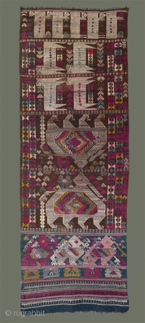 Door Curtain From Laos - Beautifully colored, older woven panel was made to cover a doorway. The cotton background of the main body appears to have been dyed with ebony and is  ...