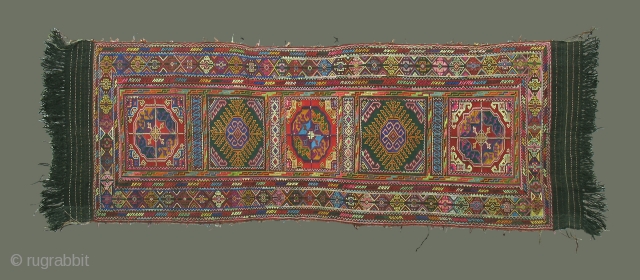 Afghani Eating Cloth ('Dasterkhan')

Not often found, this type of eating cloth is from northwest Afghanistan. Painstakingly embroidered in wool on a plainweave natural wool background, it is quite elaborate in pattern and  ...