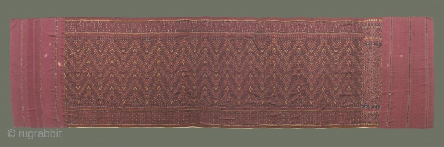 Antique Khmer 'Chawng kbun' - This textile was probably made for ordination ceremonies where the young ordinands are called 'naaks', another word for 'naga'. In multiple shades of red, plus yellow accents  ...