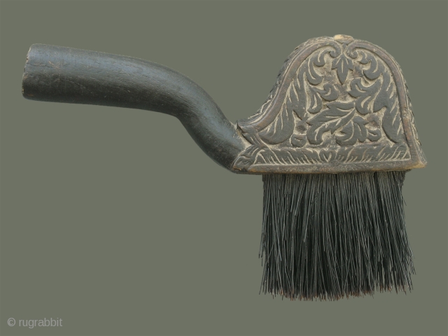 Antique Silk Brush from Cambodia - This unusually shaped brush has different floral carving on each side, and an attractive foliate border along the top edge. A handle extends out to one  ...