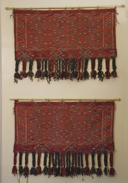 Antique Turkomen matching pair of Yomud tribal Sumak weave tent bags (aka chuval)...
beautiful condition...out of my private collection
measures 33 inches x 17 inches (not including fringe)

       