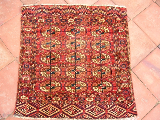 Tekke Turkmen Bride's rug. Very fine weave.
Worn edges. Labels on back lettering went away when we washed it.
2' 9" x 2' 10"
350 USD + shipping  SOLD
      