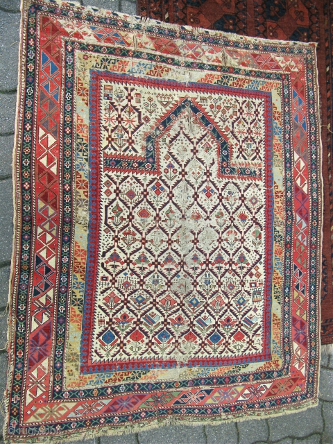 Shirvan Prayer rug intact 2nd quarter 19th C
Untouched image. Restored in 2011 in Sultanhani
and exhibited at Rippon Boswell Wiensbruch in 2014.
The colours are wonderful against the ivory ground.
Rare additional wide border gives  ...