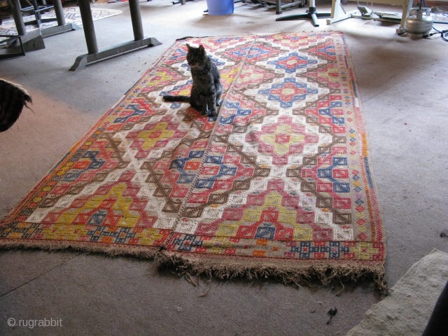 130-140 year old wool Cicim on Camel Hair Kilim Rug from Central Anatolia. 
2 panels 10 ft x 8 ft wd. Unusual and intense piece. Stable colours with one exception.
Was repaired here  ...