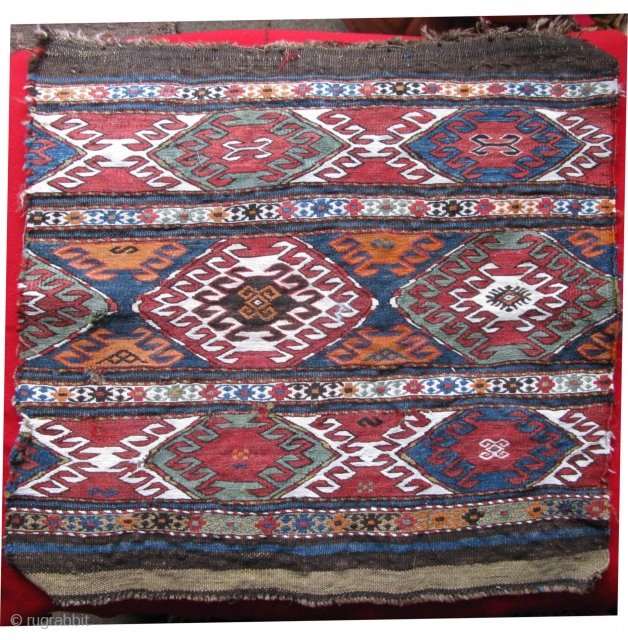 Shah Sevan Bagface 19th C
VVF weaving.This a really clean piece
and a good size 21 x21 3/4". 6 dime size
Holes in the upper 1/3, White is cotton.
Would make a fine chair cover.   ...