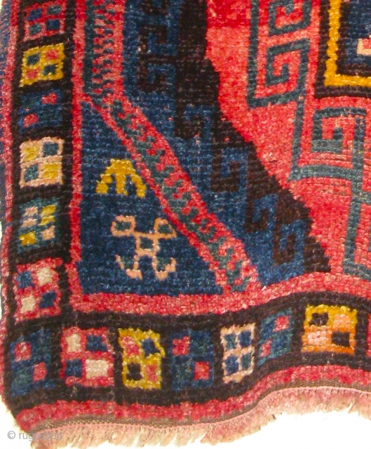 Eastern Anatolian Kurdish Herki 1900 +/-
Amazing graphic piece with mostly full pile,
some old repairs (see image #2). The colours are 98% solid.
The yellow is wonderful as is the indigo, as good as  ...