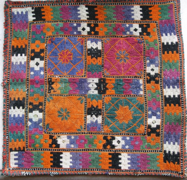 Old Baluch silk embroidery piece
on great old Russian chintz 
Mixed dyes. Estimated age 80 to 90.
Brought from Afghanistan 3 years ago
by a NGO teaching design in Kabul.      