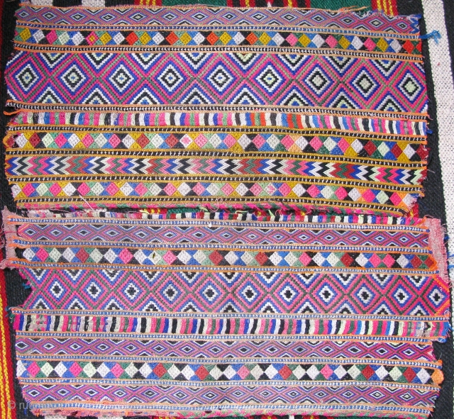 2 Old Baluch Silk Embroideries
 different pieces w mixed dyes, probably a set
 from a dress. 80 to 90 years of more. The workmanship
is highly expert by someone with young eyes.
From Afghanistan  ...