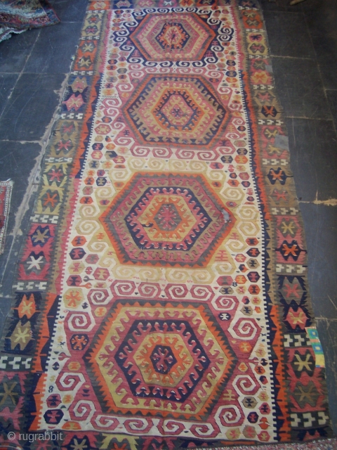 Konya Kelim size 425cm by 159cm . Early 20th century.Condition : generally good but some small holes and minor damage(see pic).................................
Best offers considered....          
