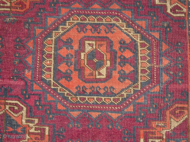 Antique Tekke/ Saryk rug 19 century, with restorations - needs a wash, fine wave, clossy wool, worn places, Size: 102 x 182 cm          