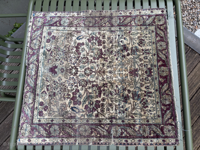 Antique 
Fragmented/damaged
1860 - 1875 
Silk Keshan/ Kashan (Motashem)
very rare and tiny
Size: 64 cm x 69 cm

I think still collectible (signed piece) unable to translate the signature

email:

tammo_koenig@aol.com       