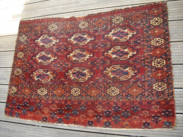 Antique Turkmen Chuval - maybe Tekke? - great range of natural colours - glossy wool - good drawing - IV Qu of 19th century - professional washed recently - with damage and  ...