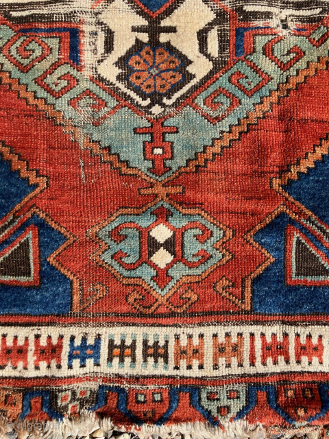 Antique Central Anatolian rug,3'8 x 4'10, Karapinar region, 1850-1875.  All wool foundation, ivory wool warps with mixture of ivory and dark brown wefts. Scattered areas of wear (see photos), but with  ...