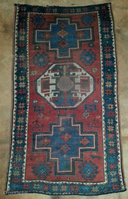 Caucasian carpet from the Lori Pampak region, end of 19th century. As found condition with few moth marks and some damages on schirazi and ends. size: 130 x 228 cm.   