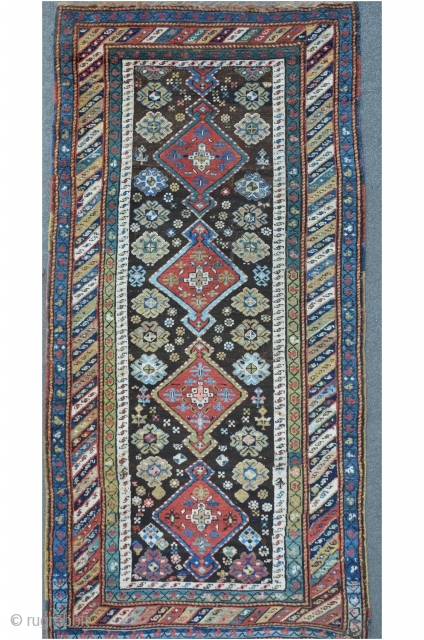 Karabagh / Kurdish carpet, fragmented. 240 x 113 cm, beautiful shiny colors.                     