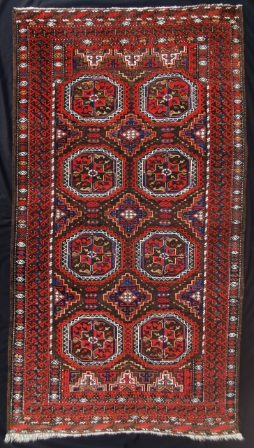 Very fine Baluch with brilliant colors in nice condition. Symmetric knots, warp depression. 212 x 114 cm                