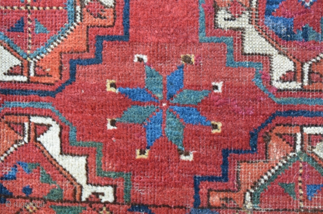 Amu Darya Ersari main carpet, 227 x 182 cm, some old repairs and damages on the upper end. Deep saturated dark red ground color. "Sary" main gul. Secundary gul is shown in  ...