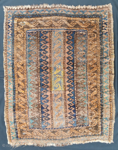 Small Baluch carpet, possible made as Balisht (pillow) but was used on the floor...several stepmarks, now a bit restored! 85 x 67 cm          