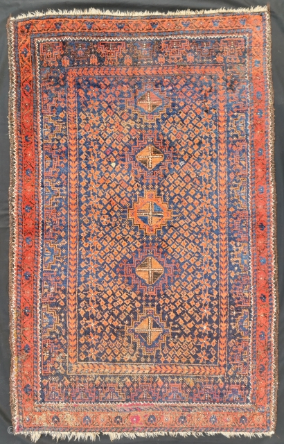 Arab Baluch, asymmetric open right, very soft wool / handling, both lower sides repaired, some little moth damages, 150 x 93 cm           