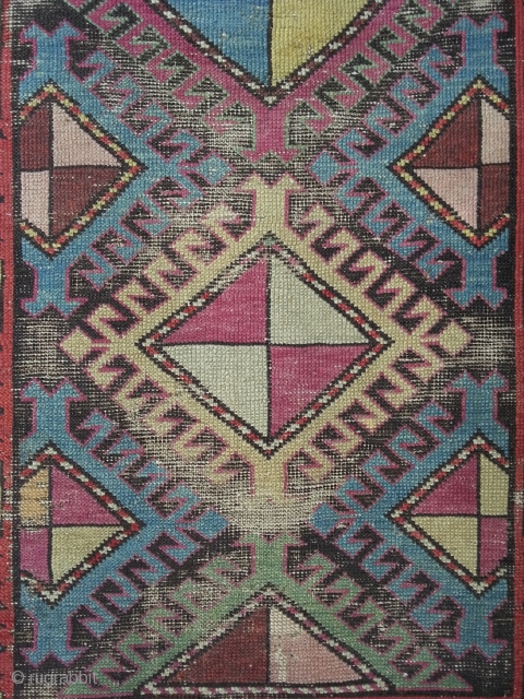 East caucasian long rug, 96 x 243 cm, heavy worn, beautyful design and colors.                   