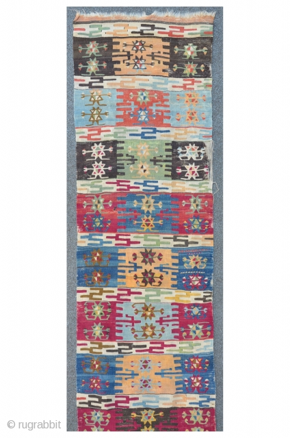 Anatolian Kilim, 307 x 73 cm, brilliant colors, ca.200 years old.                      