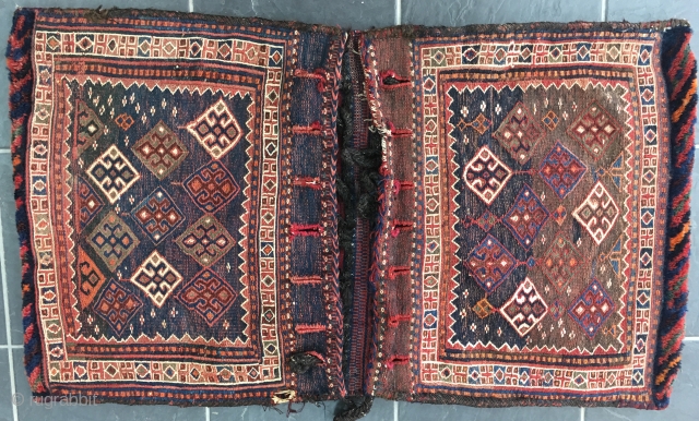 Early 20th century Bakhtiari/Luri complete soumakh technique khorjin/saddlebag. Beautiful example. Complete.  96 cm x 61 cm.                