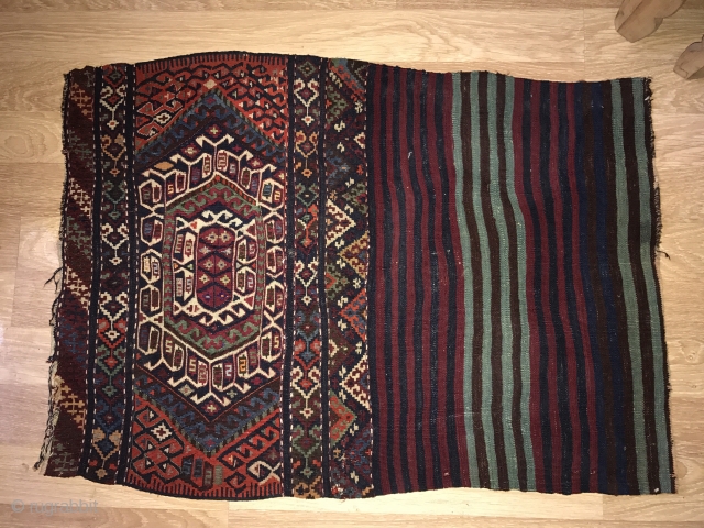 19th century Sinanli single kilim heybe fragment woven by a sub-tribe of Drejan in the Malatya region, one of the ancient tribal villages now under the Karajaya dam. Very fine, light weave  ...