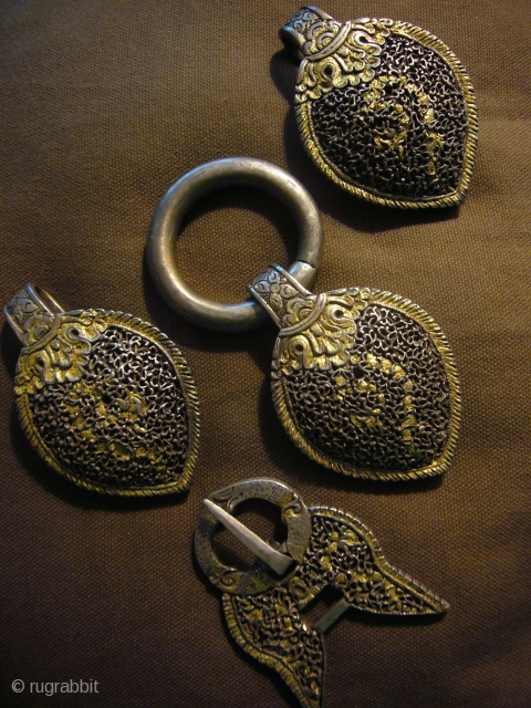  4 Peice Silver Gold plated Derge work~Bhutan Belt stud. Rare.                      